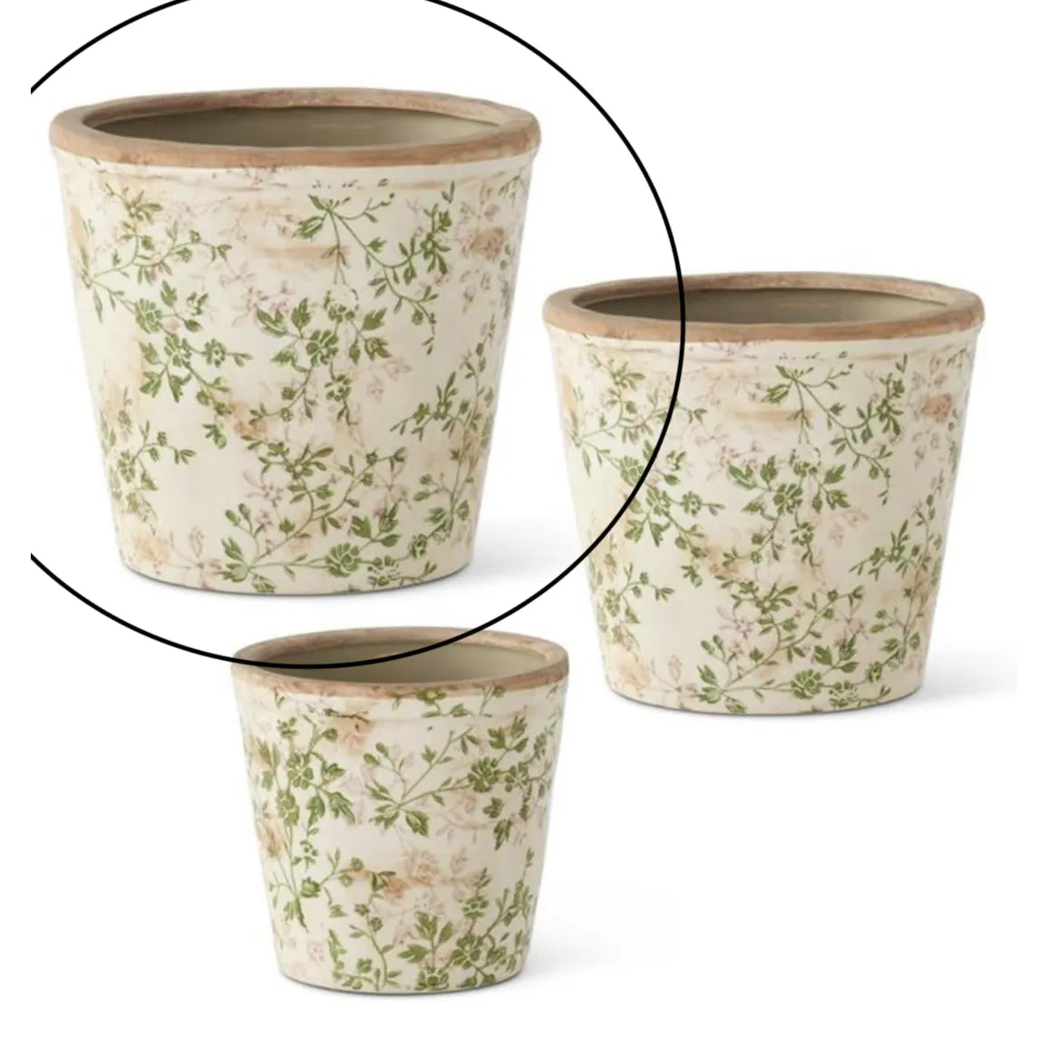 Lg Cream &amp; Green Floral Ceramic Pots - Zinnias Gift Boutique