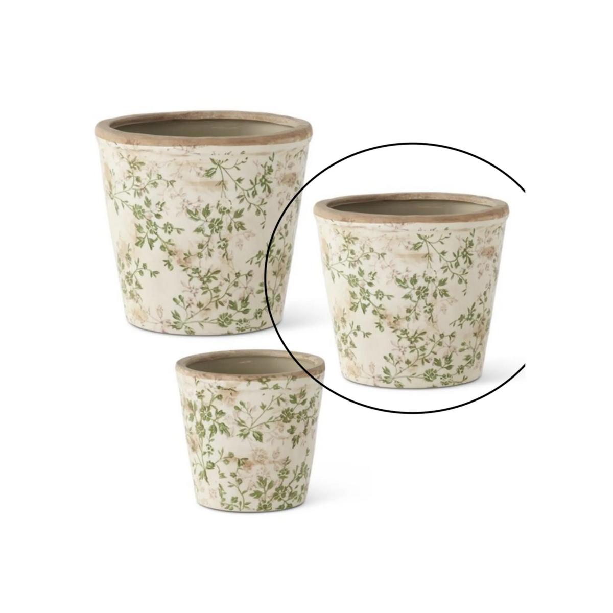 Med Cream &amp; Green Floral Ceramic Pots - Zinnias Gift Boutique
