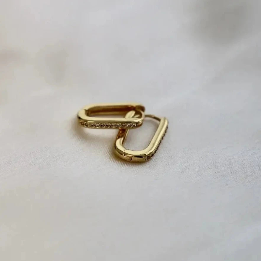 Gold Leo Rectangle CZ hoops earrings by Katie Waltman featuring rectangular design and sparkling cubic zirconia accents.