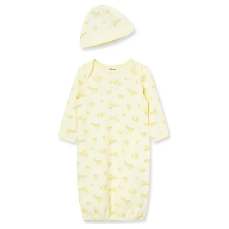Little Me baby sleeper gown and hat set featuring adorable duck print for infants aged 0-3 months.