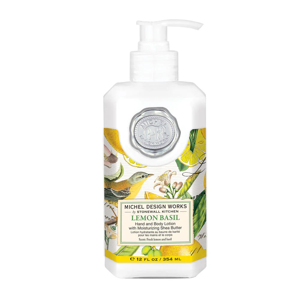 Michel Design Works Lemon Basil Hand and Body Lotion bottle with a fresh lemon and basil scent label.