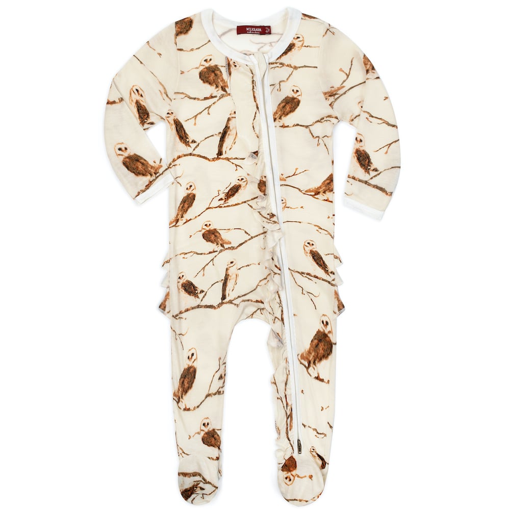 Owl Bamboo Ruffle Zipper Footed Romper - Zinnias Gift Boutique
