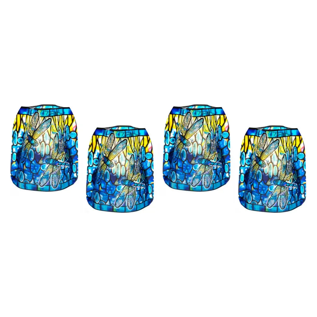 Modgy Luminaries Expandable set featuring Tiffany-style dragonfly design with colorful glass panels for outdoor lighting.