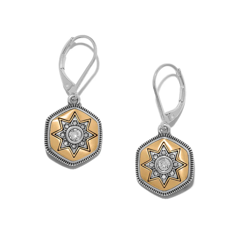Brighton Mosaic Nova leverback earrings with silver and gold mosaic design, showcasing intricate craftsmanship and elegant jewelry style.