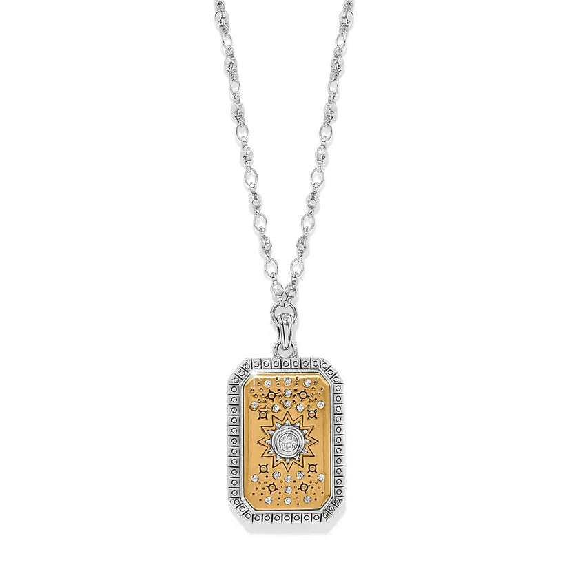 Brighton Mosaic Nova Tag Necklace in silver and gold with intricate mosaic design on a chain.