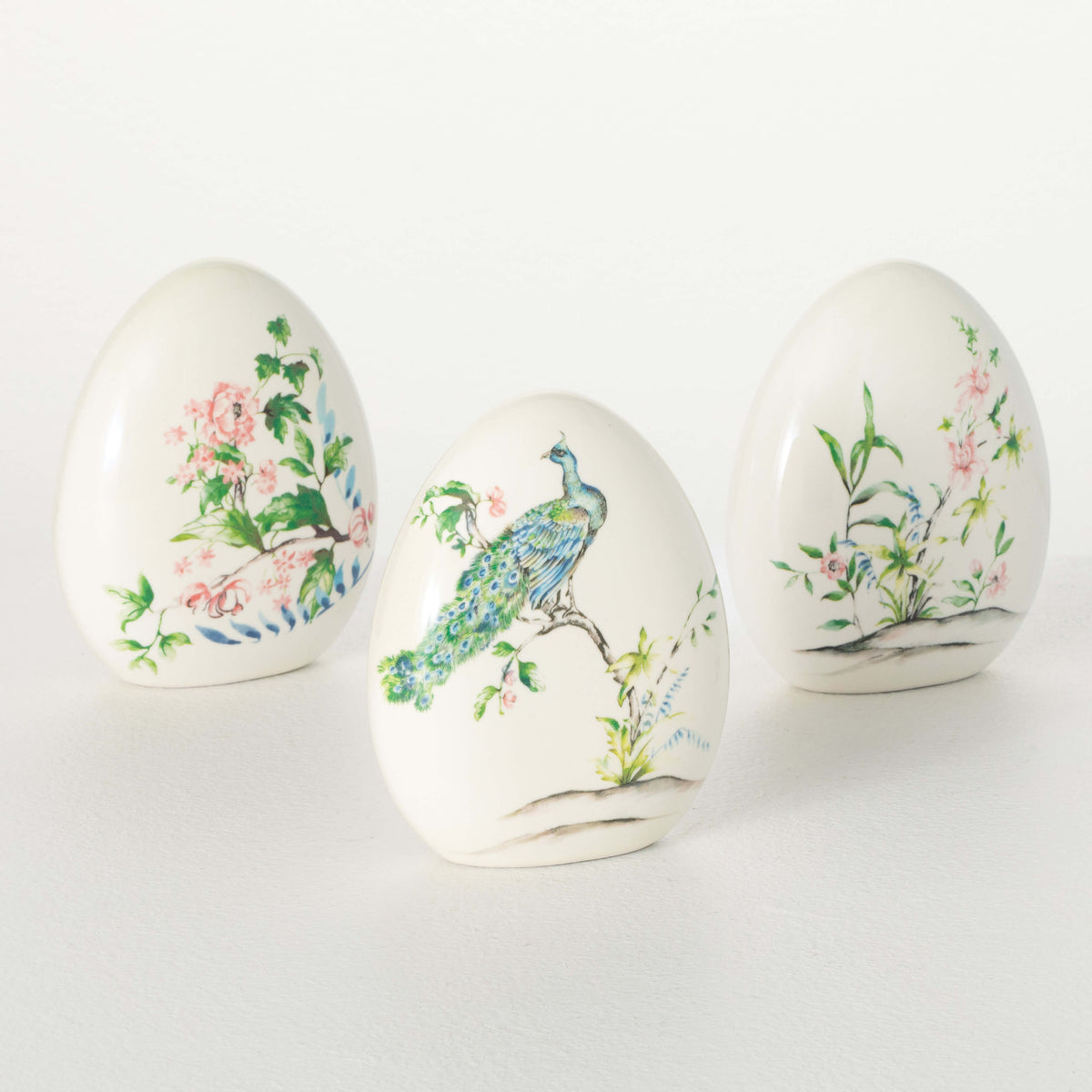Peacock &amp; Floral Ceramic Eggs - Zinnias Gift Boutique