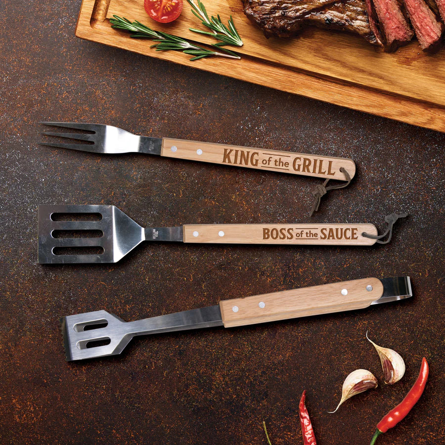 Pgraham Dunn King of Grill Trio decorative wall art featuring three grilling-themed wooden plaques with rustic lettering.
