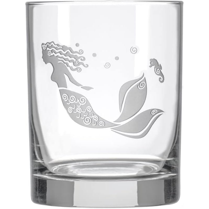 Rolf Mermaid 13oz double Old Fashioned glass with a colorful mermaid design, perfect for cocktails and beverages.