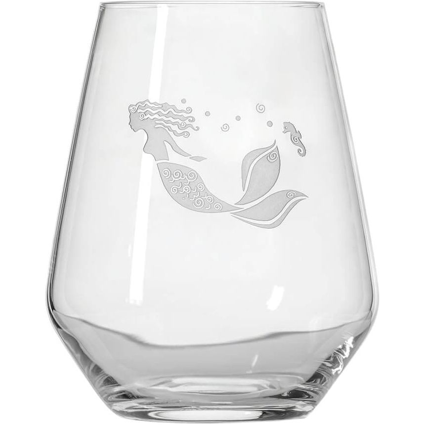 Rolf Mermaid Stemless 17 oz wine glass with colorful mermaid design and clear glass body for casual drinking.