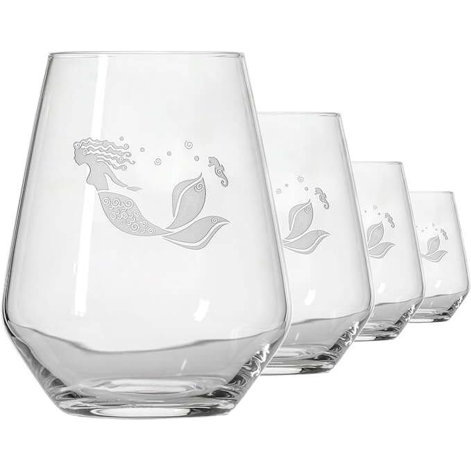 Rolf Mermaid stemless wine glass, 17 oz, with a colorful mermaid design, perfect for casual drinking and beach-themed gatherings.