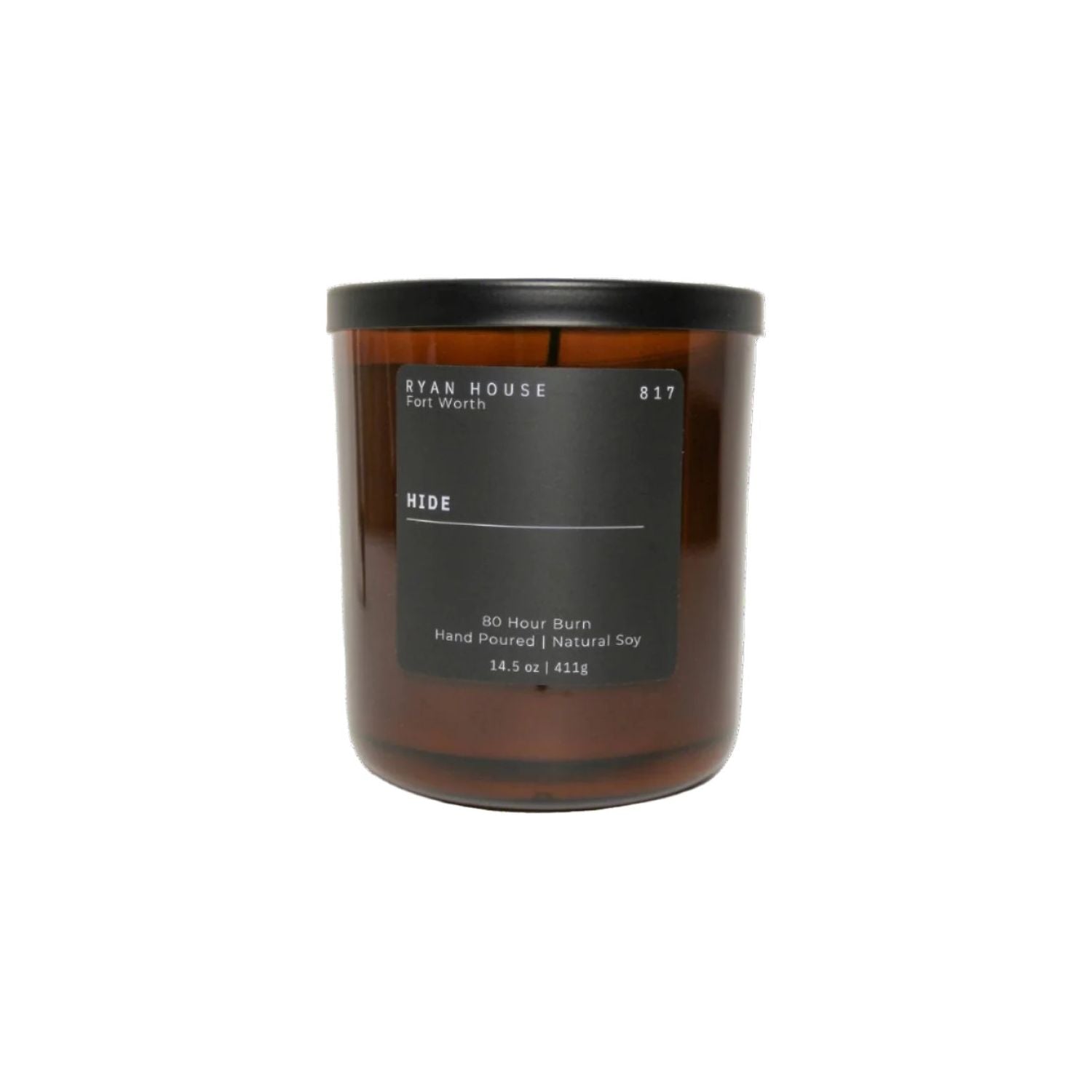 Ryan House Candles Hide 14.5 oz candle with a ceramic container and natural wax, featuring a simple, elegant design.