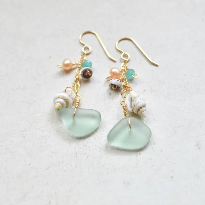 Sea Foam Glass And Puka Shell Earring - GF - Zinnias Gift Boutique