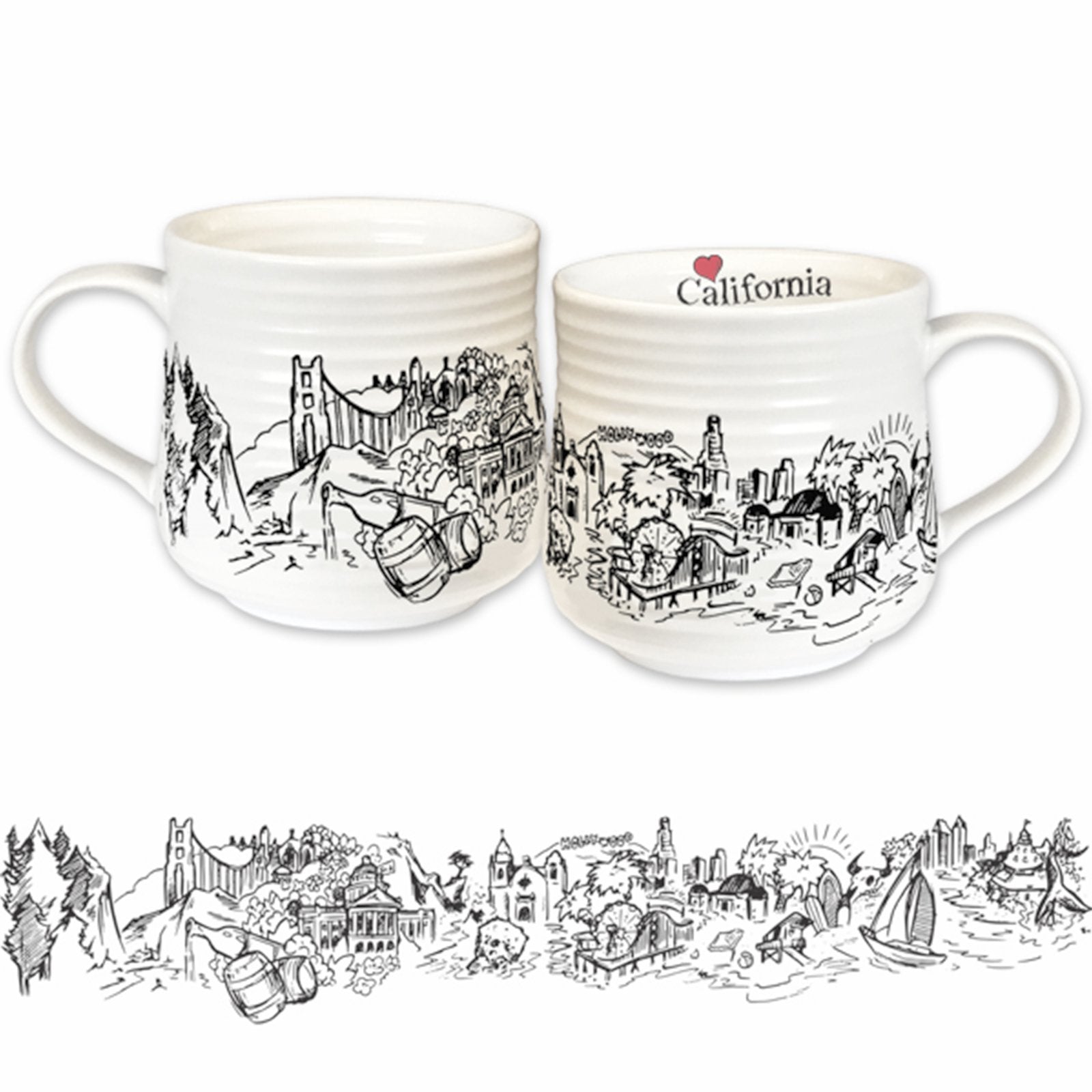 Love California mug with heart and scenic images, featuring colorful California landmarks on a ceramic mug.