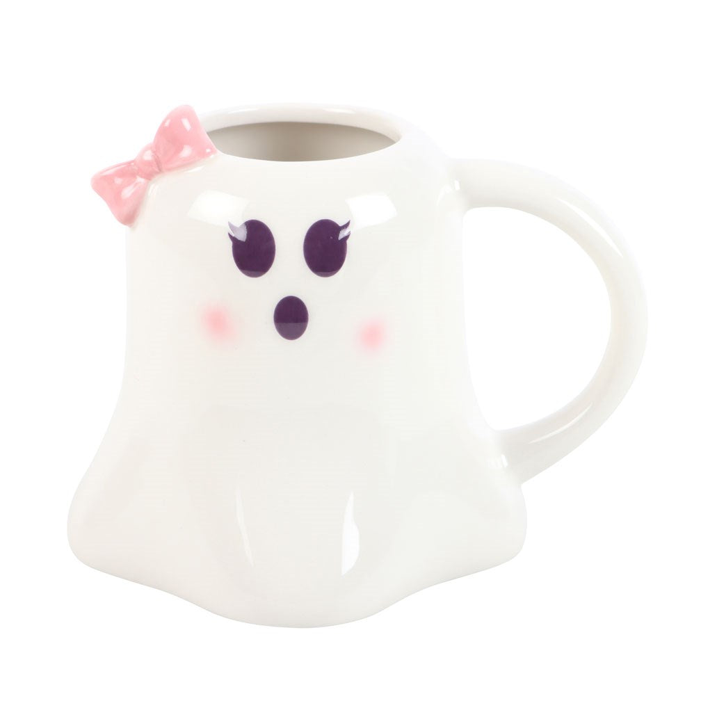 Miss Boo ghost-shaped mug with a bow, featuring a cute Halloween-inspired design, from Something Different.