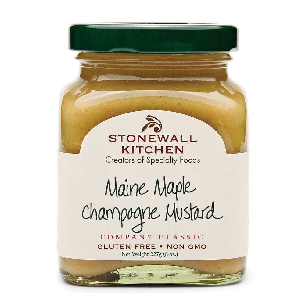 Stonewall Kitchen Maine Maple Champagne Mustard in 8oz jar, showing the mustard with a smooth, creamy texture.