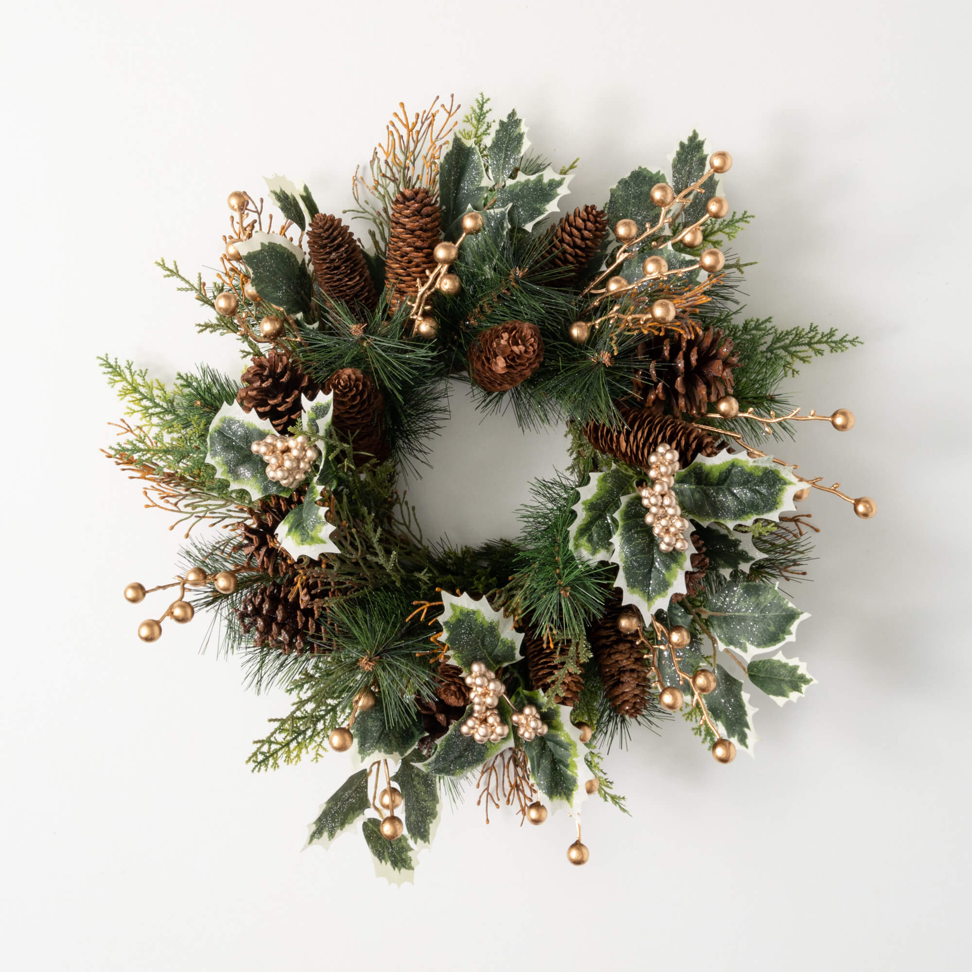 4.5" GOLD HOLLY AND PINE RING - Zinnias Gift Boutique