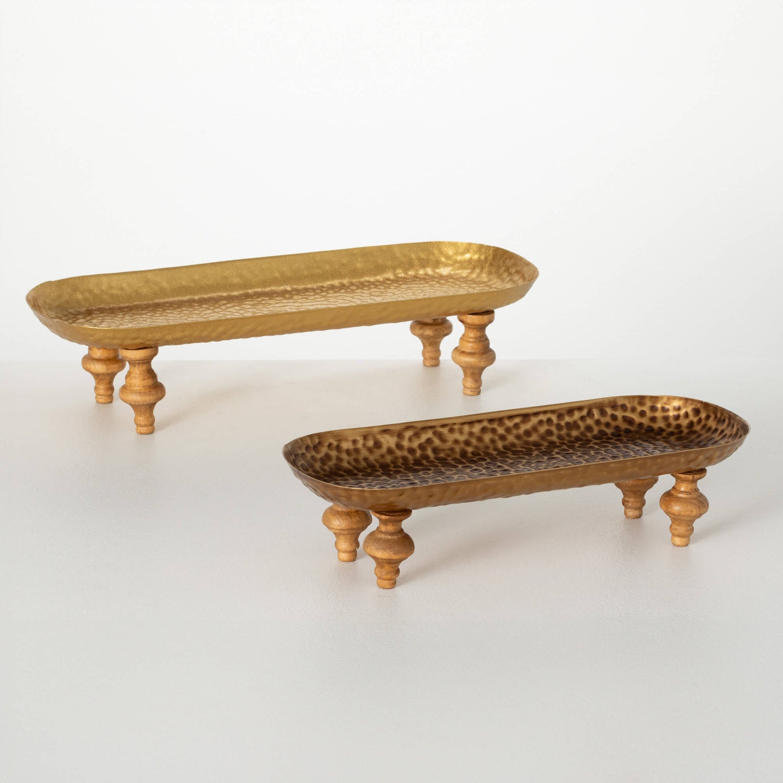 Footed Tray Hammered Metal/Wood - Zinnias Gift Boutique