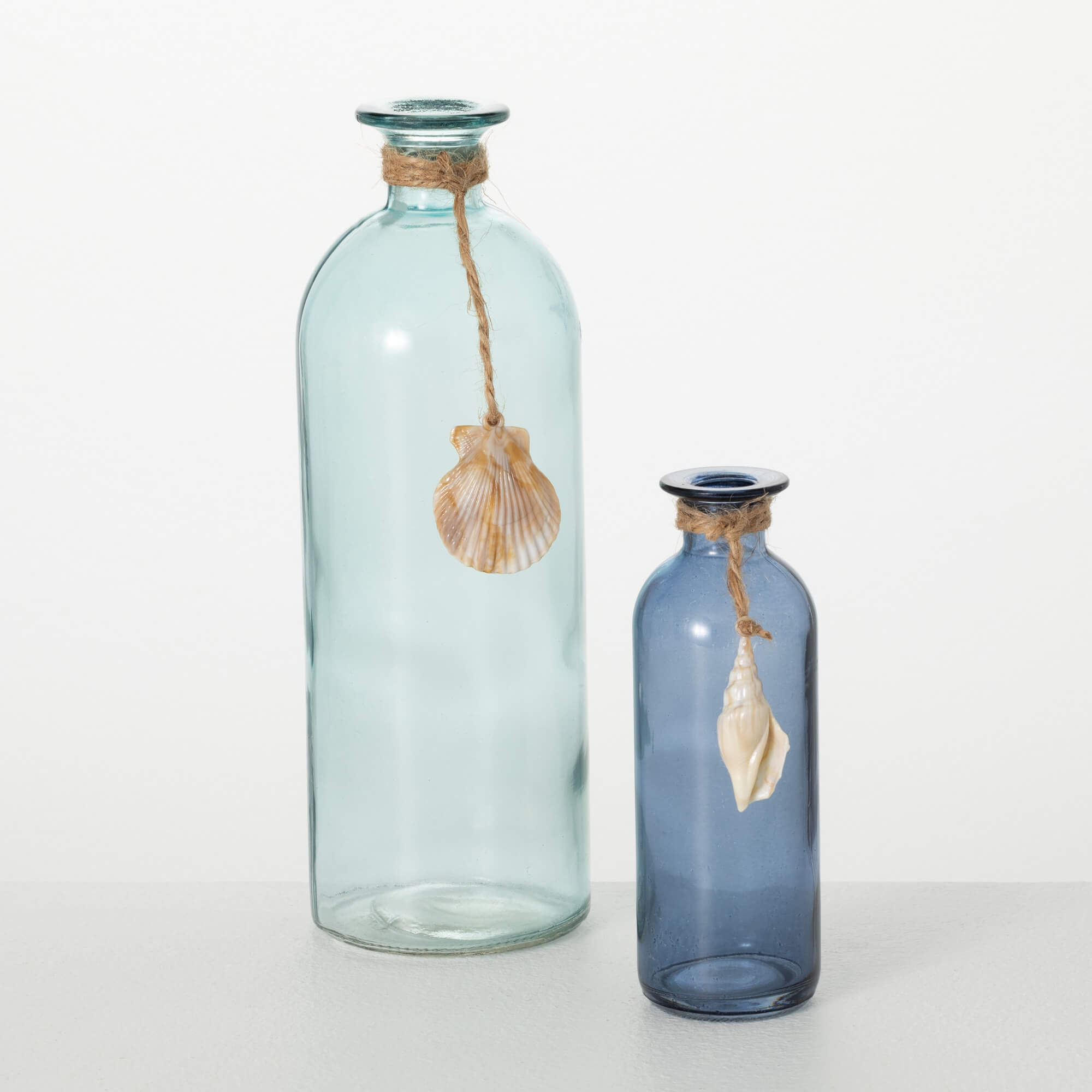 SEA-BLUE TALL GLASS  VASE  w/shell - Zinnias Gift Boutique