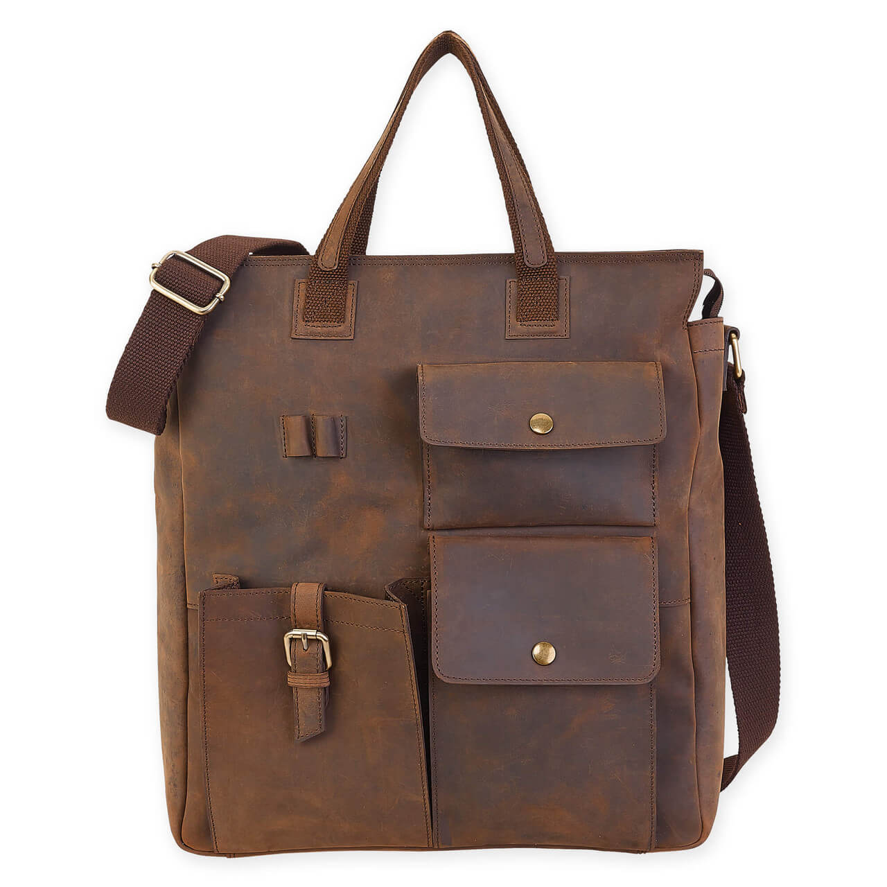 Brown leather Lennox messenger bag by Sun N Sand with adjustable strap and front flap closure.