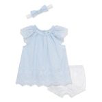 Little Me baby one-piece dress with blue stripes and eyelet details, soft cotton fabric, perfect for casual wear.