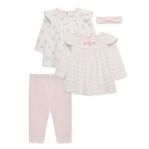 Three baby onesies from Little Me Dainty Bears Flowers set featuring cute bear and floral patterns.
