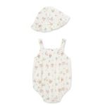 Baby girl wearing Little Me Ditsy Bubble with Hat Terry one-piece, featuring a colorful ditsy pattern and matching hat.