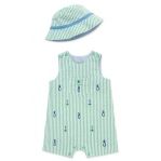 Baby girl wearing Little Me golf sunsuit and hat, lightweight one-piece with sun protection, perfect for outdoor play