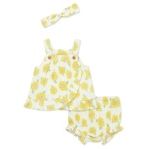 Baby girl wearing a Little Me sunflower sunsuit with matching headband, cute one-piece outfit for warm weather.