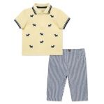 Little Me baby one-piece with puppies polo and matching pants, soft cotton infant clothing for comfortable wear.
