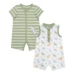 Two Little Me baby rompers featuring cute dinosaur designs, soft fabric, and short sleeves for comfortable infant wear.