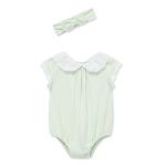 Green eyelet bubble baby onesie by Little Me, soft cotton one-piece with eyelet detailing and snap closure for easy dressing.