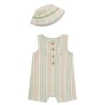 Baby girl wearing a striped Little Me romper with matching hat, sitting outdoors on a sunny day.