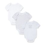 Little Me Welcome World 3-pack baby onesies featuring colorful prints and soft fabric for comfortable infant wear.