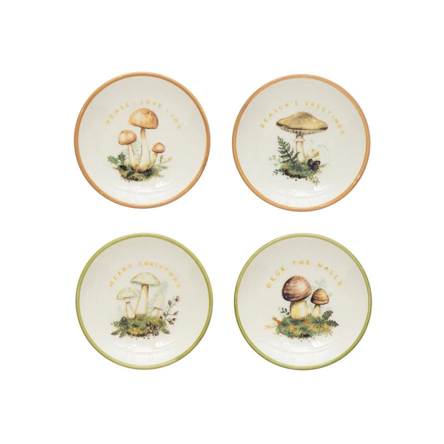 Stoneware Dish with Mushroom Image, Holiday Greeting and Gold Electroplating - Zinnias Gift Boutique