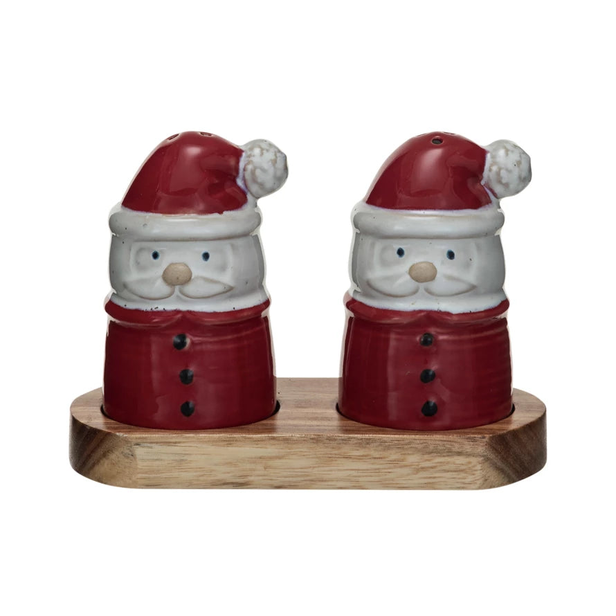 Santa Salt & Pepper Shakers w/ Acacia Wood Tray - Zinnias Gift Boutique