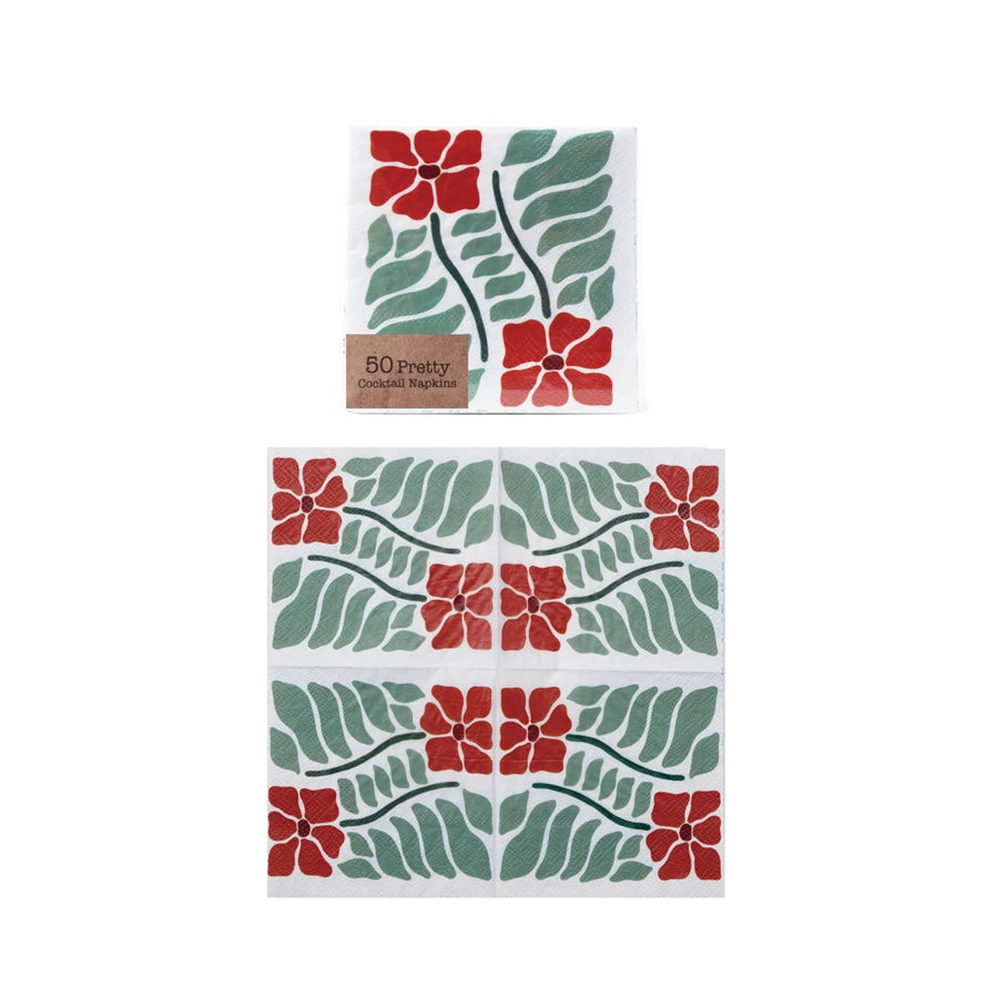 Paper Cocktail Napkins w/Poinsettias - Zinnias Gift Boutique