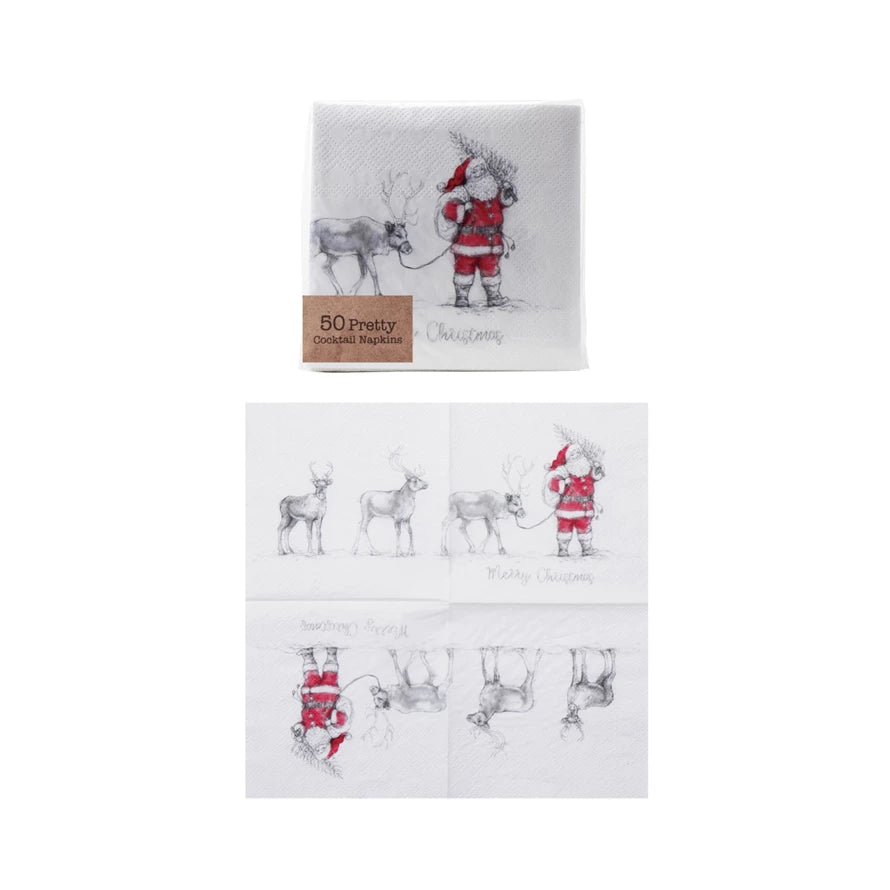 4" Paper Cocktail Napkins with Santa Leading Reindeer - Zinnias Gift Boutique