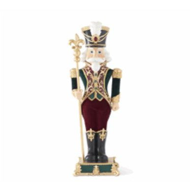 35.25 Inch Green & Burgundy Velvet Coat Resin Soldier w/ Staff - Zinnias Gift Boutique