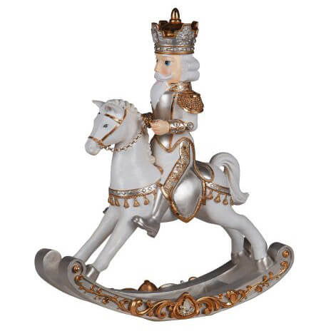 6.25 Inch White Gold &amp; Silver Resin Nutcracker On Rocking Horse Orn - Zinnias Gift Boutique
