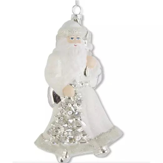 6.5 Inch White &amp; Silver Glass Santa Ornament - Zinnias Gift Boutique