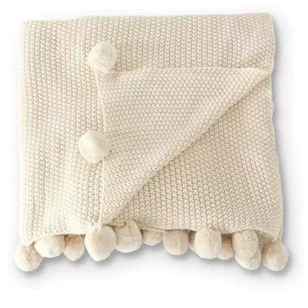 64 Inch Cream Moss Stitch Knit Throw w Pompom Trim