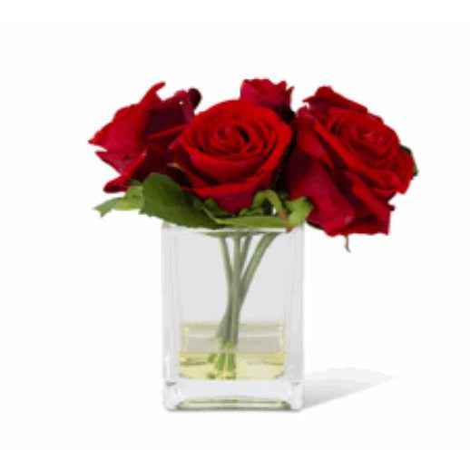 8 Inch Real Touch Red Roses in Square Glass Container w Faux Water - Zinnias Gift Boutique