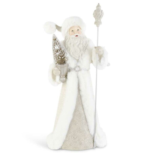 9 Inch White & Gold Resin Santa Holding Tree w/ Fur Trim - Zinnias Gift Boutique