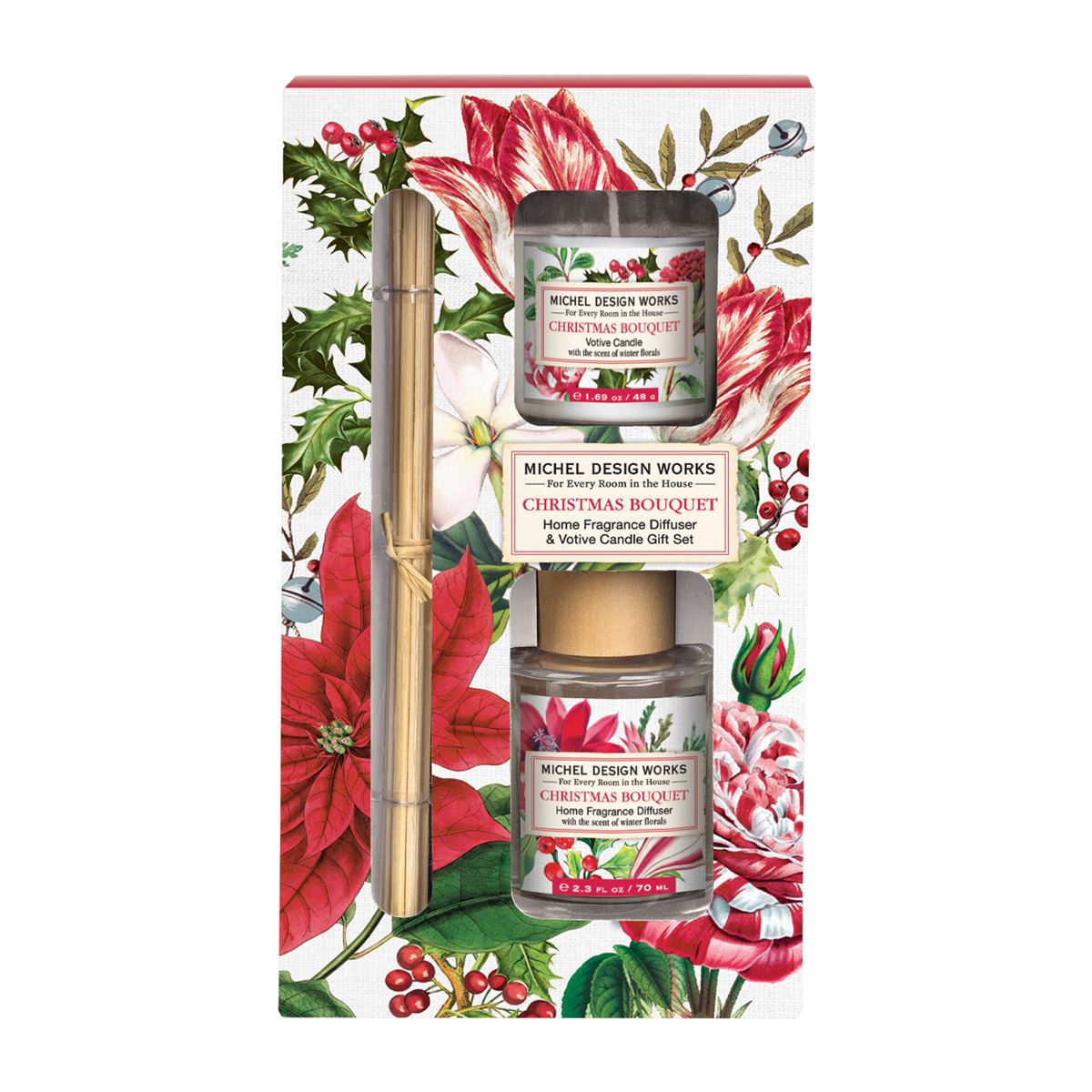 Christmas Bouquet Home Fragrance Diffuser &amp; Votive Candle Gift Set - Zinnias Gift Boutique