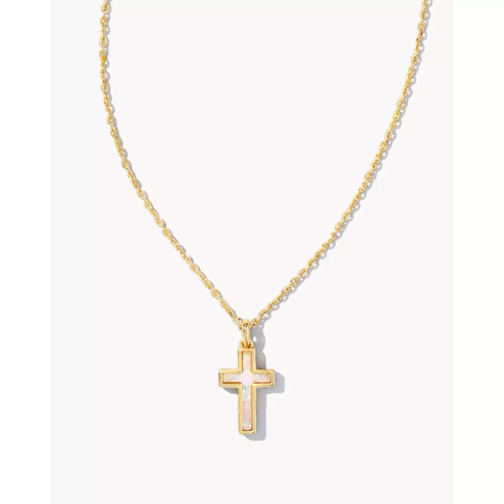 Cross Gold Pendant Necklace in White Kyocera Opal - Zinnias Gift Boutique