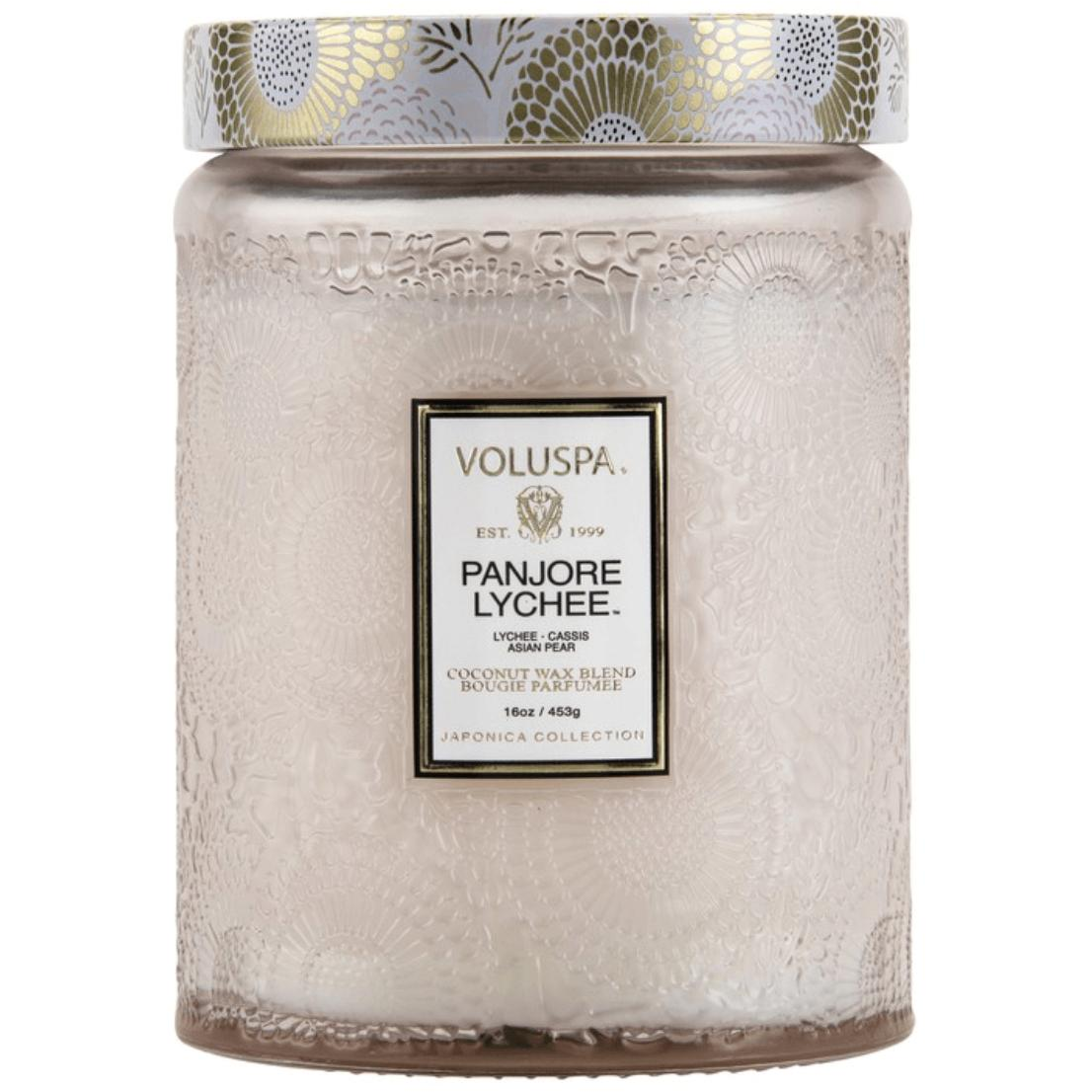 Voluspa Large Embossed Glass Candle - Panjore Lychee Poured in California - Zinnias Gift Boutique