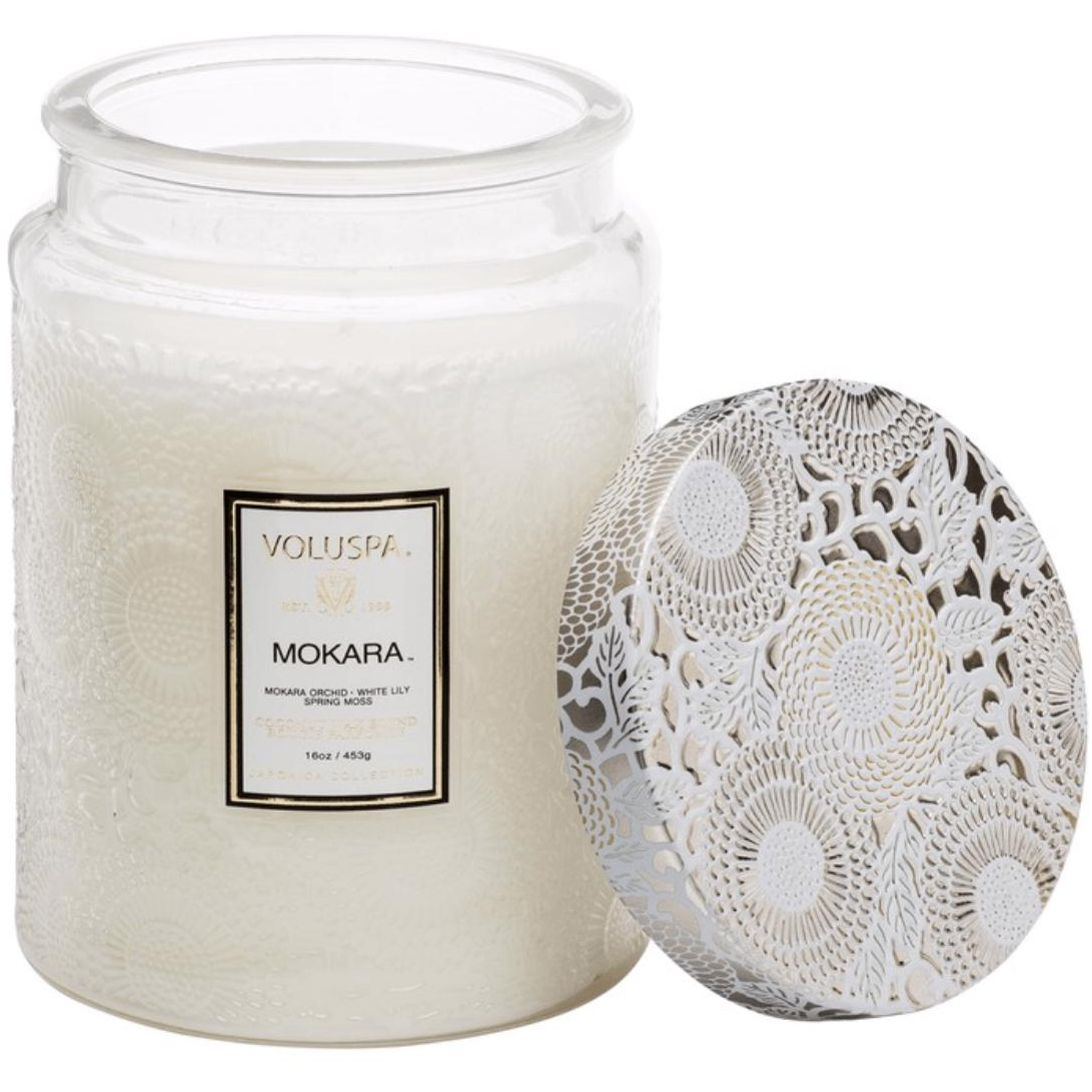 Volupsa Large Embossed Glass Candles - Mokara Poured in California - Zinnias Gift Boutique
