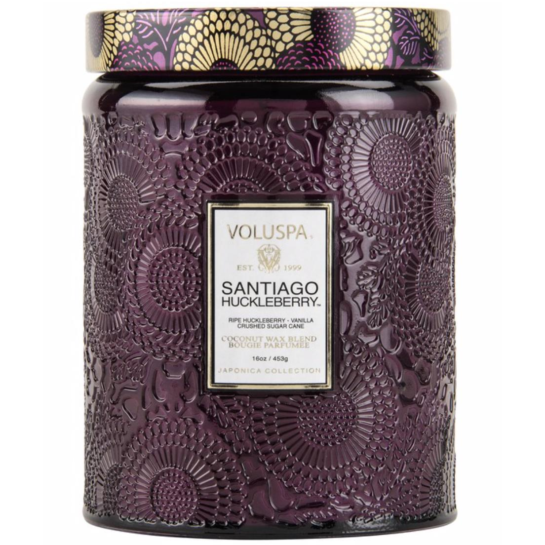 Voluspa Large Embossed Glass Candle - Santiago Huckleberry Poured in California - Zinnias Gift Boutique
