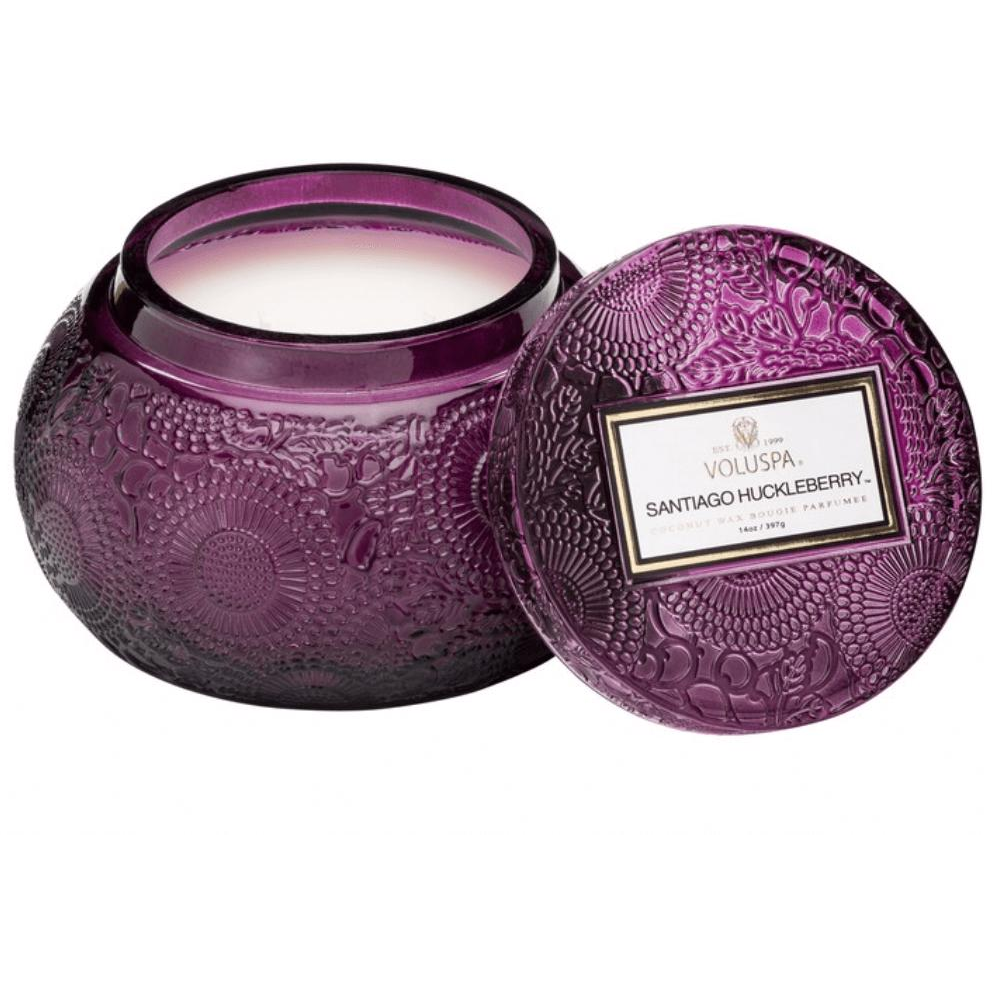 Voluspa Large Embossed Glass Candle - Santiago Huckleberry Poured in California - Zinnias Gift Boutique
