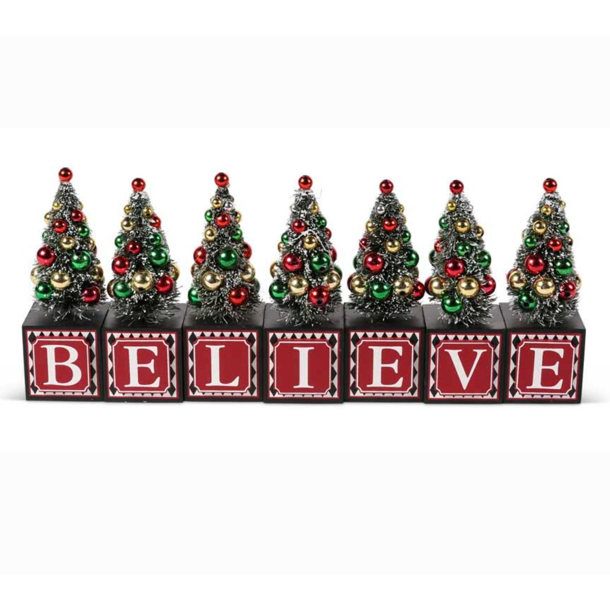 Red and Black Harlequin BELIEVE Blocks with Bottle Brush Trees - Zinnias Gift Boutique